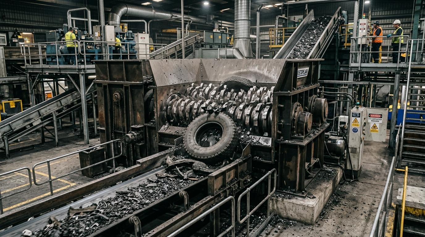 Heavy-duty industrial dual-shaft tyre shredder sizing tyre scrap