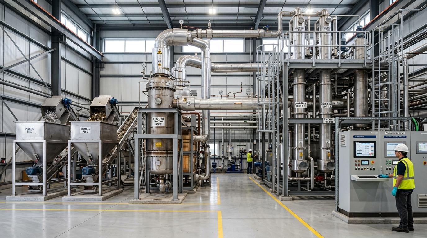 Continuous industrial plastic and biomass thermochemical pyrolysis conversion plant