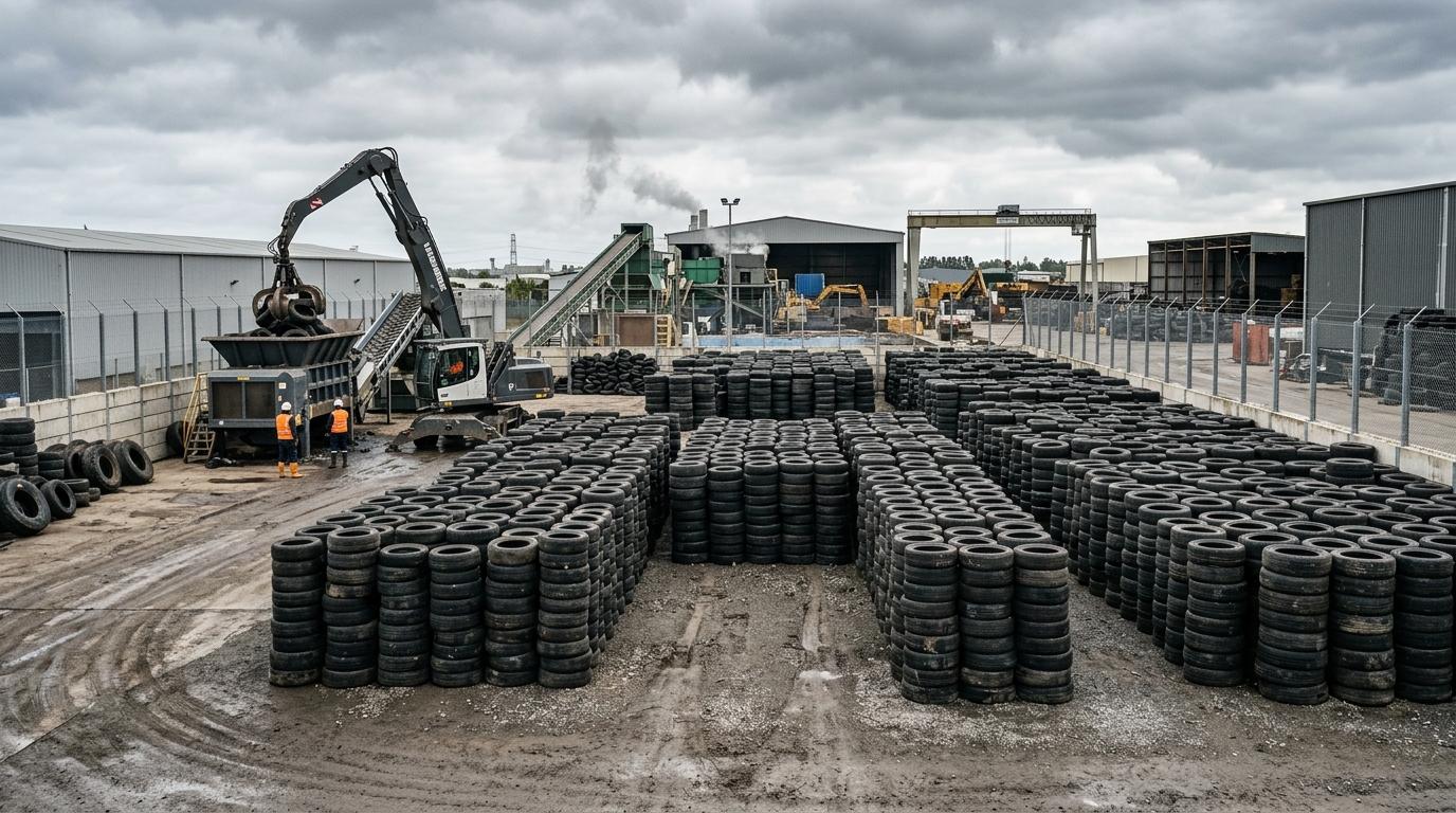 Organized industrial scrap tyre collection and storage yard at a material recovery facility