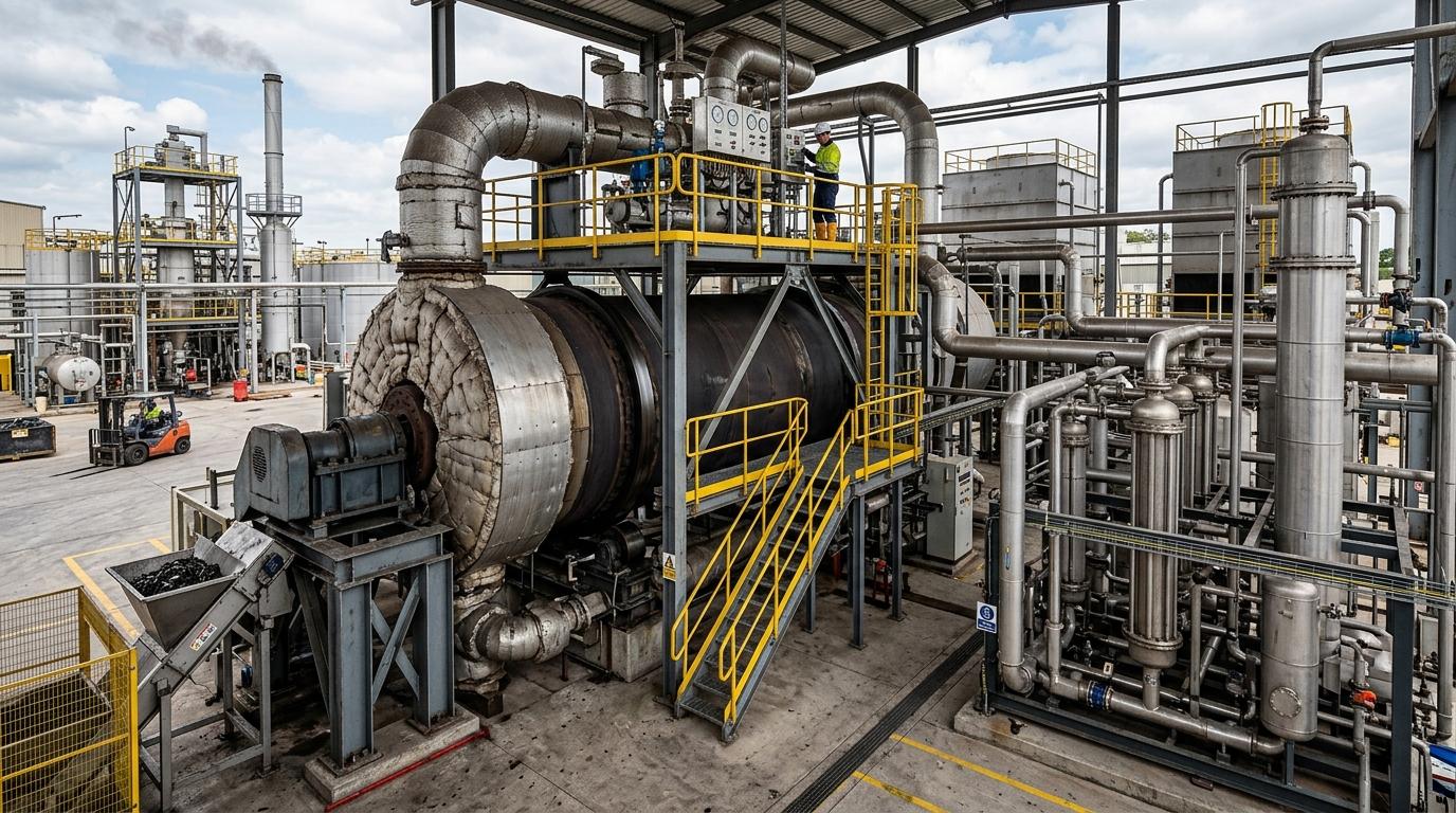 Commercial rotary tyre pyrolysis reactor with vapor condensation system